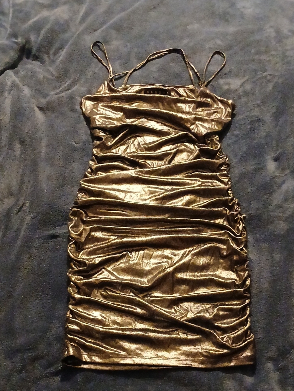 Sabora Shimmery Gold Ruched Spaghetti Strap Mini Dress